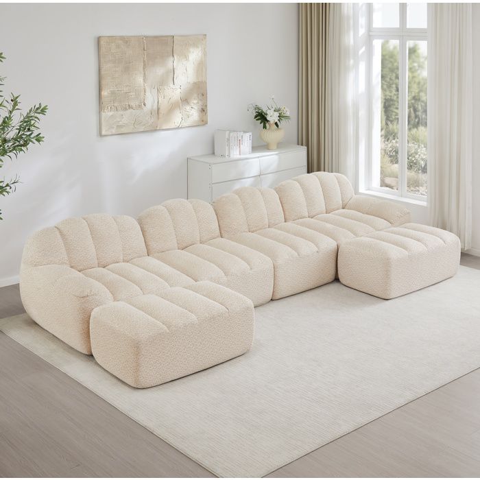 JOINERY Canapé En U Modulable 4 Places Avec 2 Ottomans Assise Profonde Mousse 32D Tissu Polaire Granulée Salon Beige Blanc