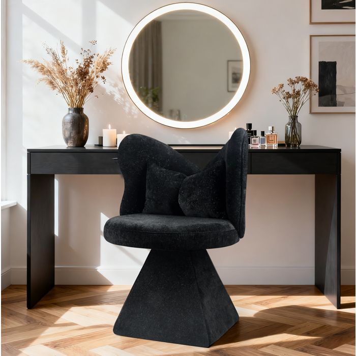 JOINERY chaise coiffeuse pivotante 360 sans accoudoirs tissu chenille velours noir dossier papillon pour chambre salon