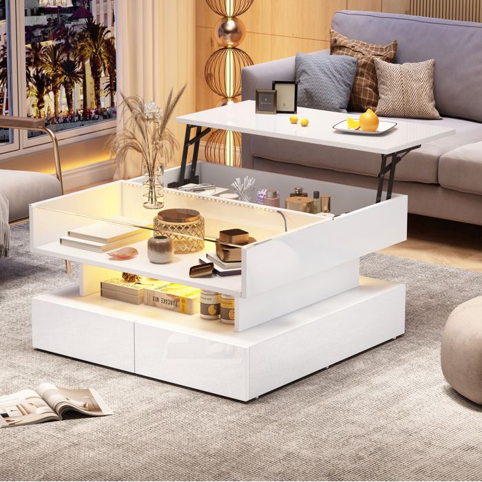 ROVRYN Table basse carrée 80 x 80 x 45 cm plateau relevable LED verre trempé 2 tiroirs blanc brillant