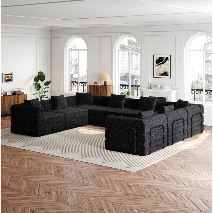AESVAR canapé modulable convertible 2 en 1 6 places en chenille noire avec rangement d’accoudoir