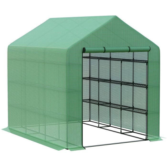 Serre de jardin marchable 180 x 244 x 210 cm avec 8 étagères porte enroulable zippée acier et PE vert