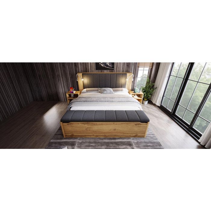 Lit double 180 x 200 cm chêne avec sommier à lattes 2 chevets banquette coffre lampes de lecture USB