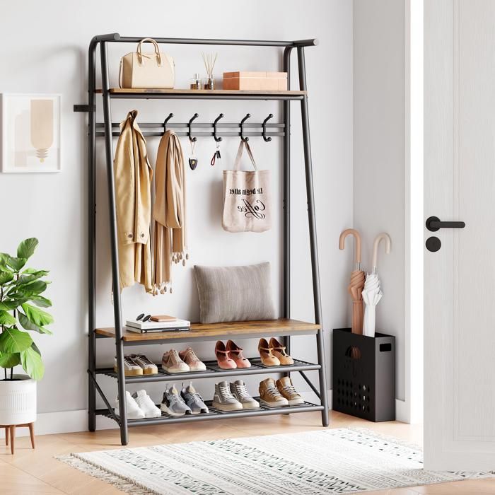 Banc à chaussures 4 en 1 avec porte-manteau aspect bois cadre acier étagère et barre de suspension meuble multifonction pour entrée