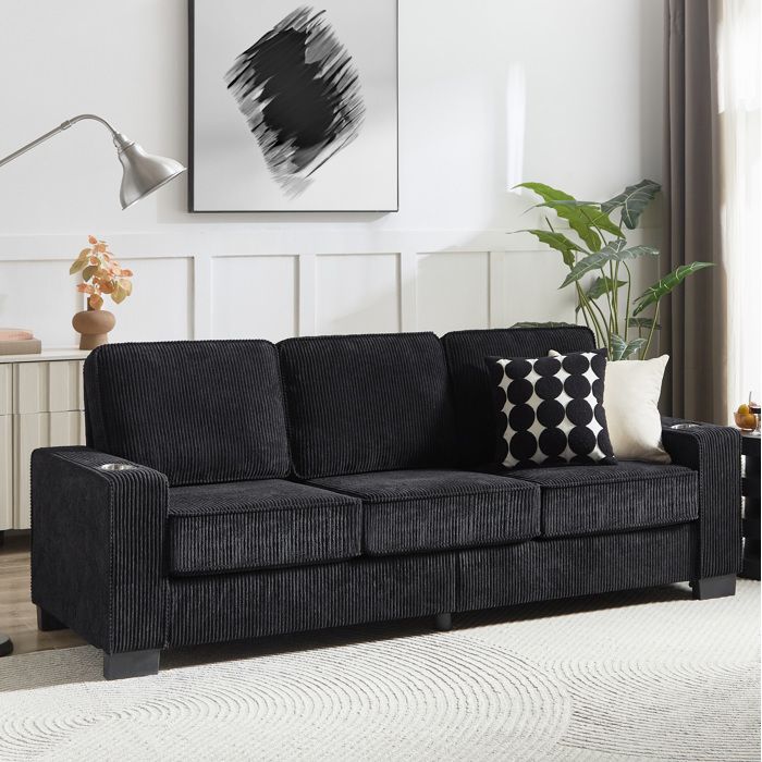 WUVRIE Canape 3 places fixe 206 cm en tissu cotele noir avec porte-gobelets integres