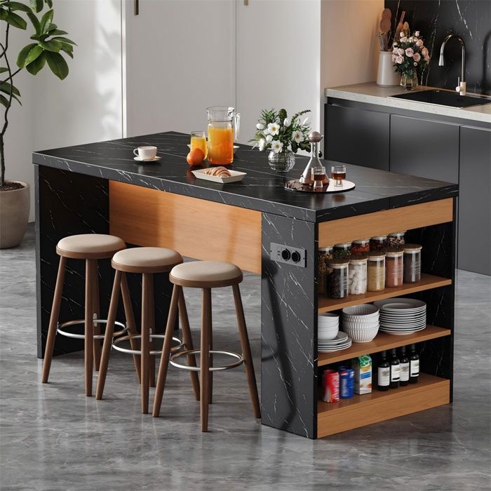 Îlot de cuisine moderne - Plan effet marbre blanc étagères de rangement prises USB et LED - Noir et Naturel