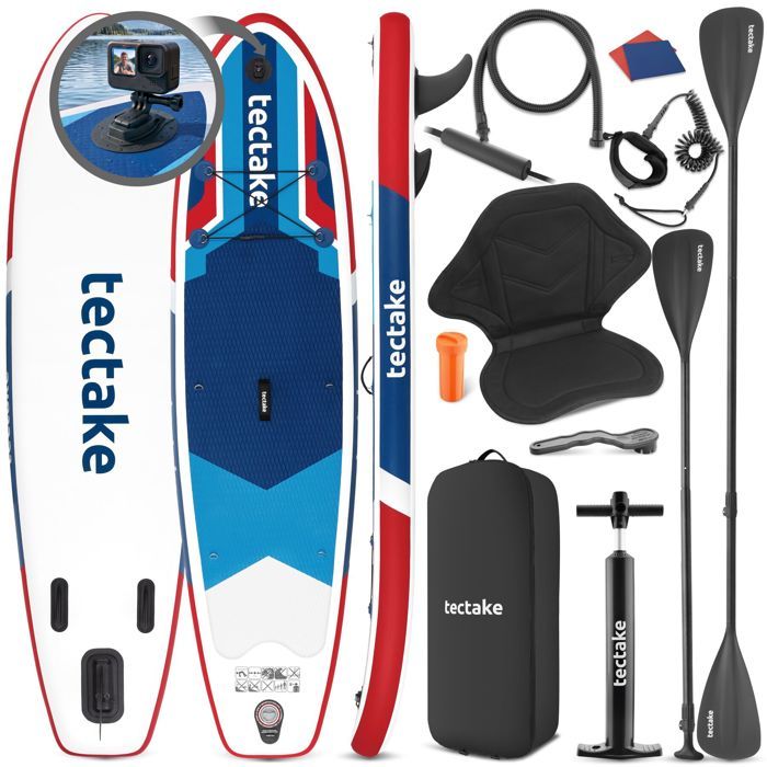 Planche de stand-up paddle - TECTAKE - SUP gonflable PALAGIOS Kit complet 2en1 avec support pour caméra - Rouge/Bleu