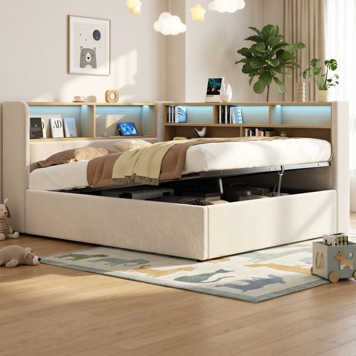 Daybed 140x200cm en velours beige - coffre hydraulique lumière LED recharge USB dossier inclinable design moderne pour salon