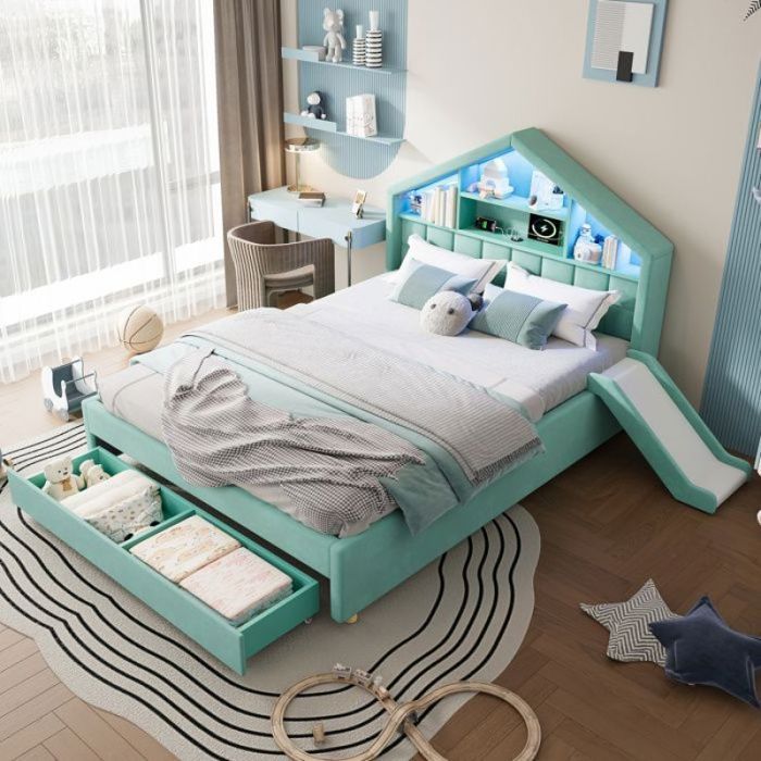 Lit enfant 140×200 cm avec toboggan réversible LED port de charge étagères et coffre - LPOSPI - sans matelas velou LIT EVOLUTIF
