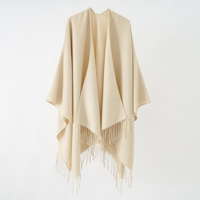 Poncho Femme Simili Laine Chaud Hiver Casual Bord Frange Couleur Unie 126 X 155 cm Beige