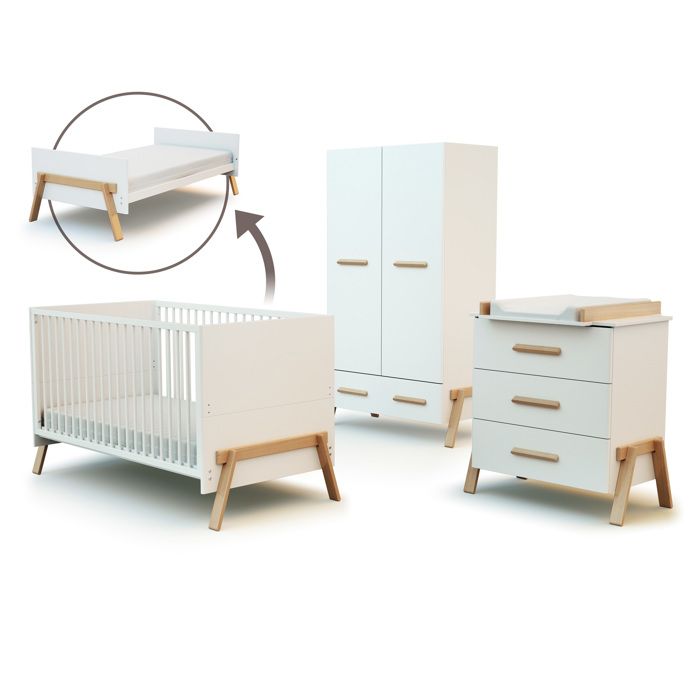 AT4 - Chambre bébé lit commode à langer 3 Tiroirs + armoire en bois Blanc et Hêtre Verni - AT4 - Chambre bébé lit commode à langer 3 Tiroirs + armoire en bois Blanc et Hêtre Verni -