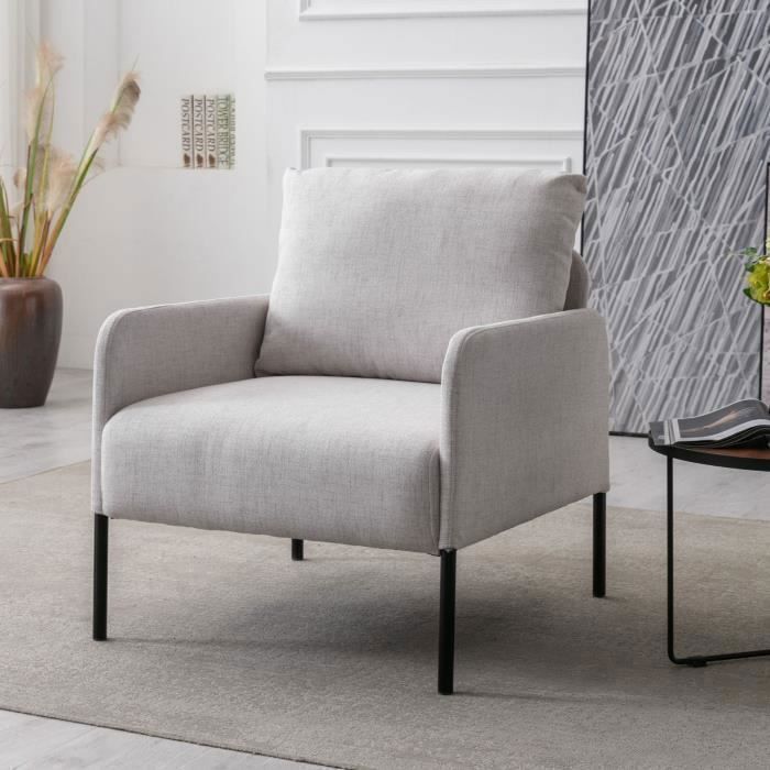 Wahson Fauteuil de Salon en Lin avec Coussins Lombaires avec Pieds Métal Fauteuil Relax pour Salon et Chambre Beige