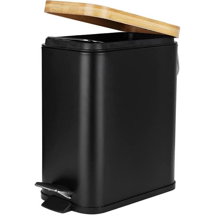 HIBATH Poubelle Salle De Bain 5L Acier Inox & Couvercle Bambou – Pédale Soft-Close, Anti-Rouille, Design Élégant
