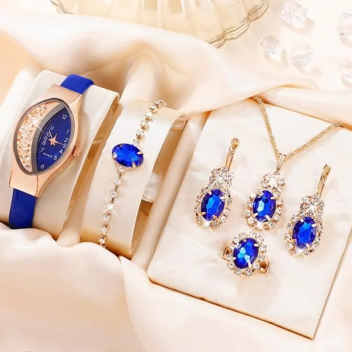 Ensemble 6 pcs Montre luxe femme parure bijoux collier bracelet boucle d oreilles bague bleu cadeau ideal Achat Vente parure Ensemble 6 pcs Montre luxe femme parure bijoux collier bracelet boucle