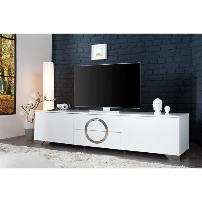 Meuble TV blanc laqué 2 portes 2 tiroirs Osmoz 180 cm ...