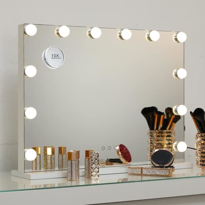 Miroir Hollywood avec Lumière Contrôle Tactile avec 12 LED Miroir  Rectangulaire avec USB 3 Couleurs de Lumière à Intensité Var[1394] -  Cdiscount Maison