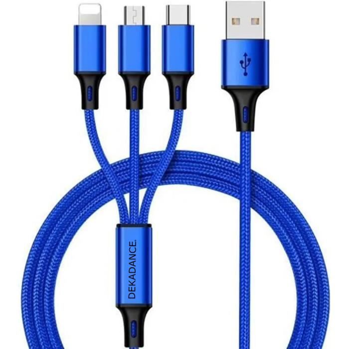 Câble Multi USB 3 en 1 Tressé et Renforcé - USB-C, Micro-USB et Lightning -  1.2m Charge rapide ultra solide - Cdiscount Téléphonie