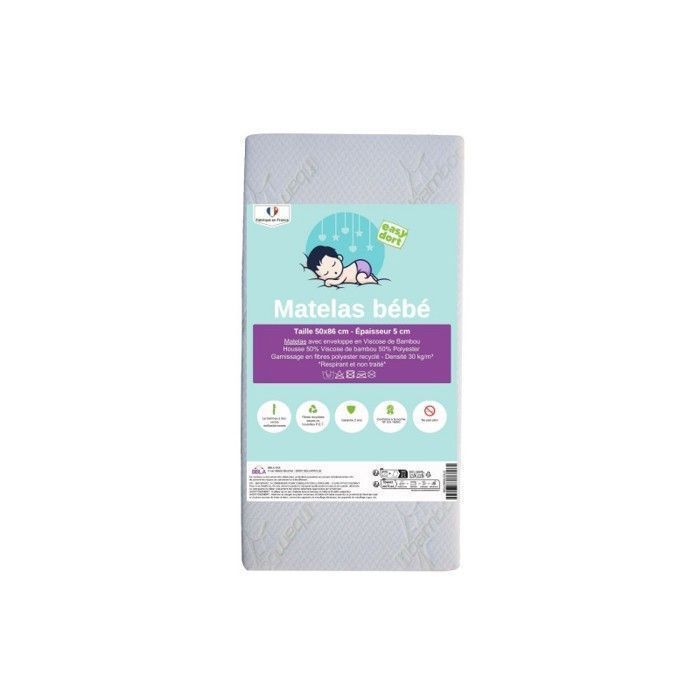 EASY DORT Matelas 50x86 cm Berceau Bébé Housse Bambou Double Face Confortable Fabriqué en France