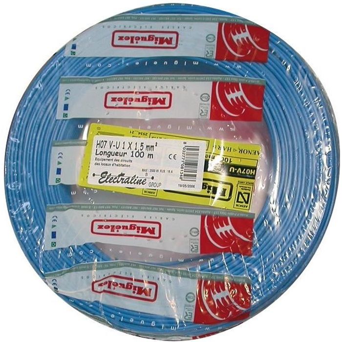 ELECTRALINE C&acirc;ble H07VU 1.5mm&sup2; 100m bleu 