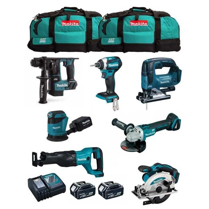 MAKITA Kit MK704 DHR171 + DGA504 + DTD154 + DJR186 + DJV182 + DSS610 + DBO180 + 2 x 5 0 Ah + DC18RC + 2 x LXT600