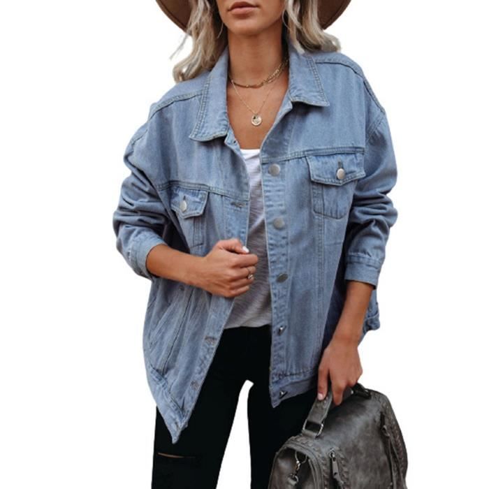 Veste En Jean Pour Femme - Veste En Jean Pour Femme - Jean Bleu Décontracté  Élégant Slim Basic Manteaux Courts, Vintage Automne Hiver Transition  Streetwear, Trucker Classic Revers Vêtements D'E : 