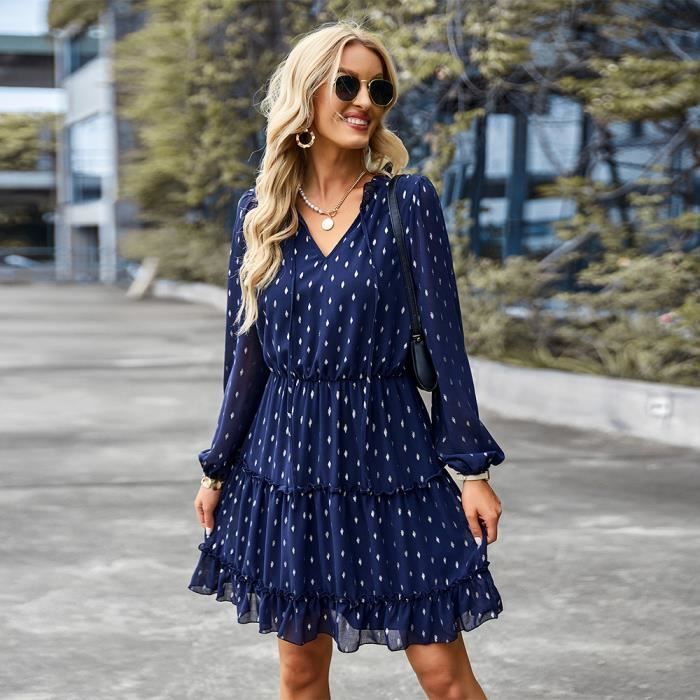 Robe Décontractée Femme Robe Mi-Longue À Manches Longues Robes Col En V Avec Boutton Chic Robe D