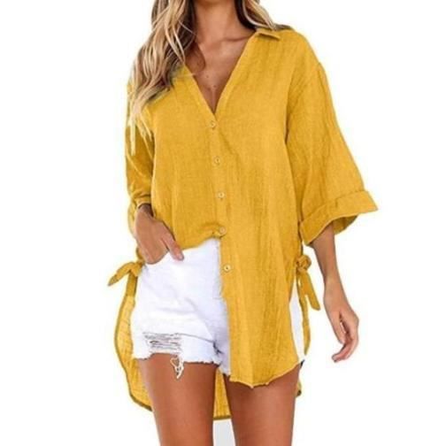 Femme Grande Taille Chemisier Boutonne Manche Longue Col V Blouse Chic Chemise Couleur Unie Ample Chemise T Shirt jaune ZP
