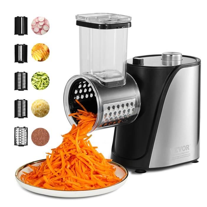 Râpe électrique 7-en-1 – 400W, 7 Lames Inox Interchangeables – Pour Fromage, Légumes, Fruits, Noix – Avec Tambour à Pommes De Terre