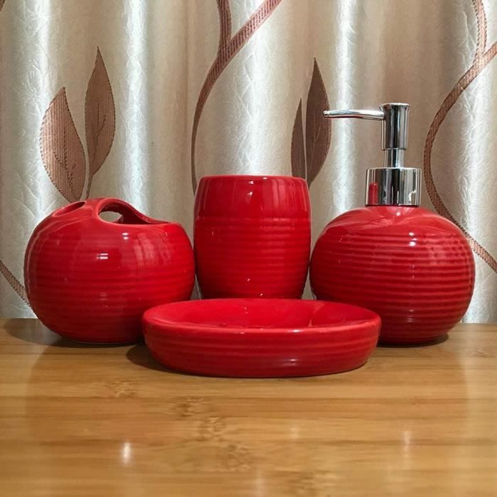 4pcs accessoires de salle de bain en céramique - Porte-brosse à dents, gobelet, porte-savon, distributeur de pompe - Rouge