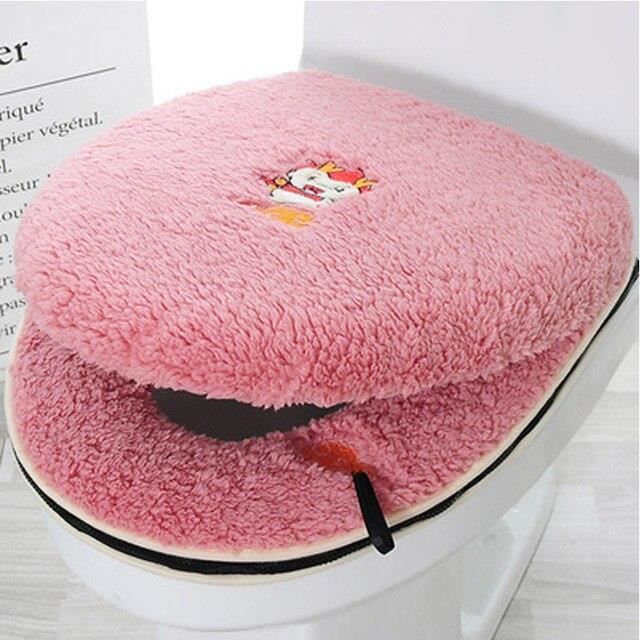 Siège De Toilette En Peluche Bleu Mouton + 2 Lève-couvercles Silicone - Lavable, Doux, Confortable Pour L'hiver - 3