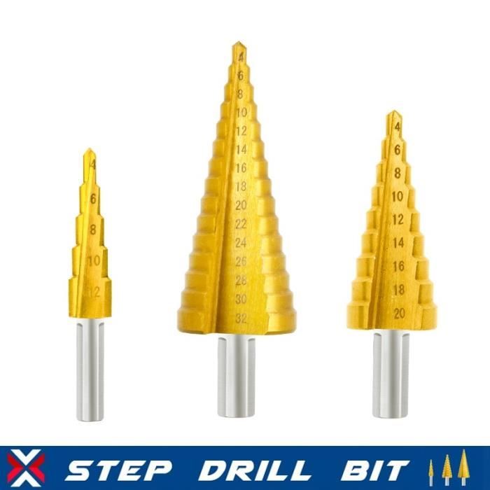 Lot De 3 Forets étagés HSS 4-12/20/32mm - Pour Métal, Bois Et Plastique - Tige Hexagonale - Qualité Professionnelle