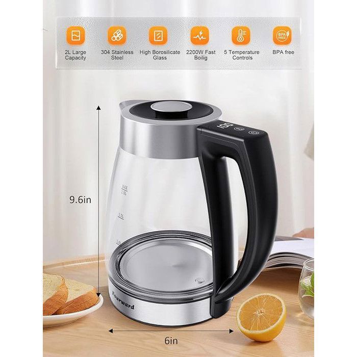 Bouilloire électrique En Verre 1,7 L - 2200W, ébullition Rapide, Sécurité Automatique, éclairage LED, Sans BPA