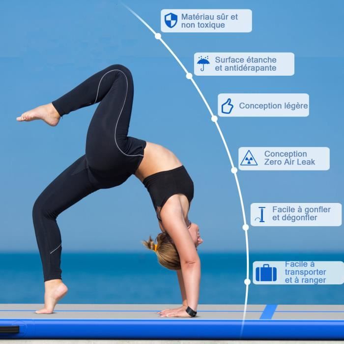 Tapis de Gymnastique Gonflable Tapis de Yoga Gonflable avec Pompe à Air  Anneau et Poignée 400x100x10cm Bleu - Costway