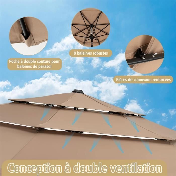 Parasol De Terrasse 3x3m à 3 Niveaux COSTWAY - Double Ventilation, Inclinaison Réglable, Manivelle, Couleur Beige Ou Café - 14