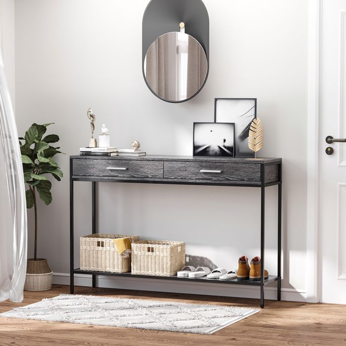 HOMCOM Table Console Industriel 2 Tiroirs Bois Naturel Pieds Métal Dim. 90 X 35 X 76 Cm Pas Cher