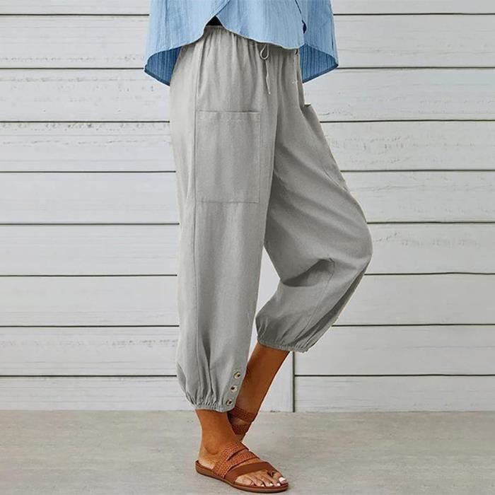 Pantalon lin top gris femme