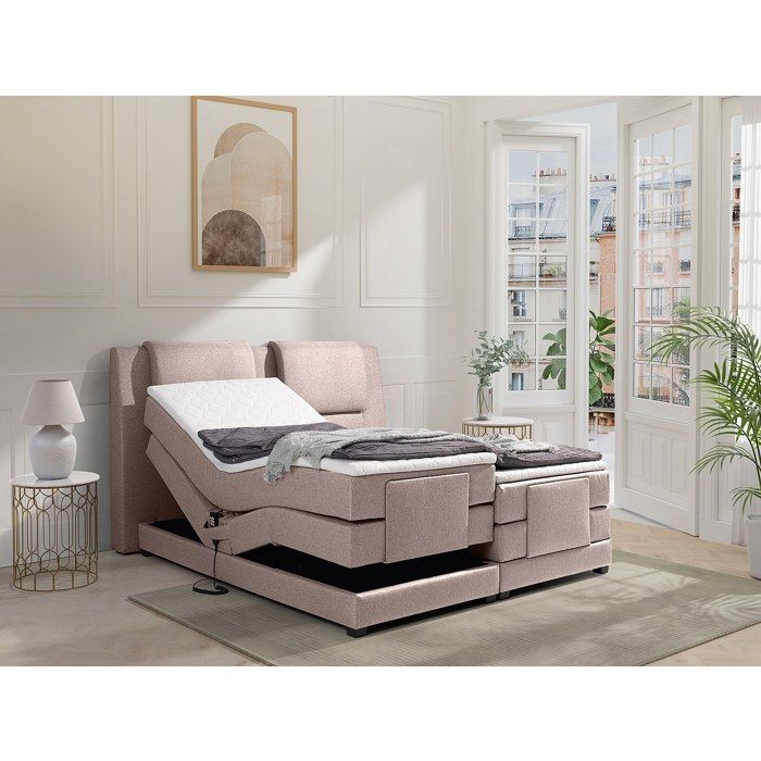 Boxspring KEROS Ysmée - Tête De Lit LED, Sommier Coffre, Matelas Et Surmatelas - 160 X 200 Cm, Blanc Simili