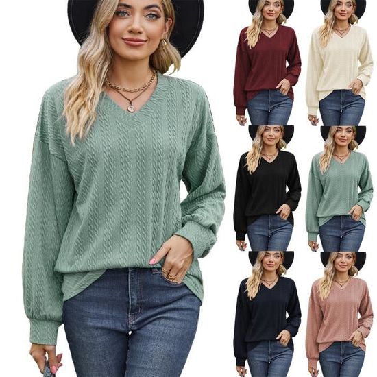 Pull Femme Col V Manches Longues - Léger, Doux, Couleur Unie, Décontracté Pour Tous Les Jours Automne/hiver