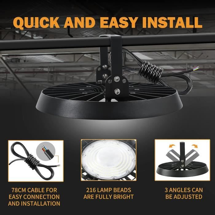 Lustre Chambre Ado JBdusn 100W LED High Bay Lère, 6500K UFO Projecteur Industriel Plafonnier D'atelier Avec Chaîne, IP65 Étanche Hall Lampe Spot Éc46 - Auto Eclairage Garage