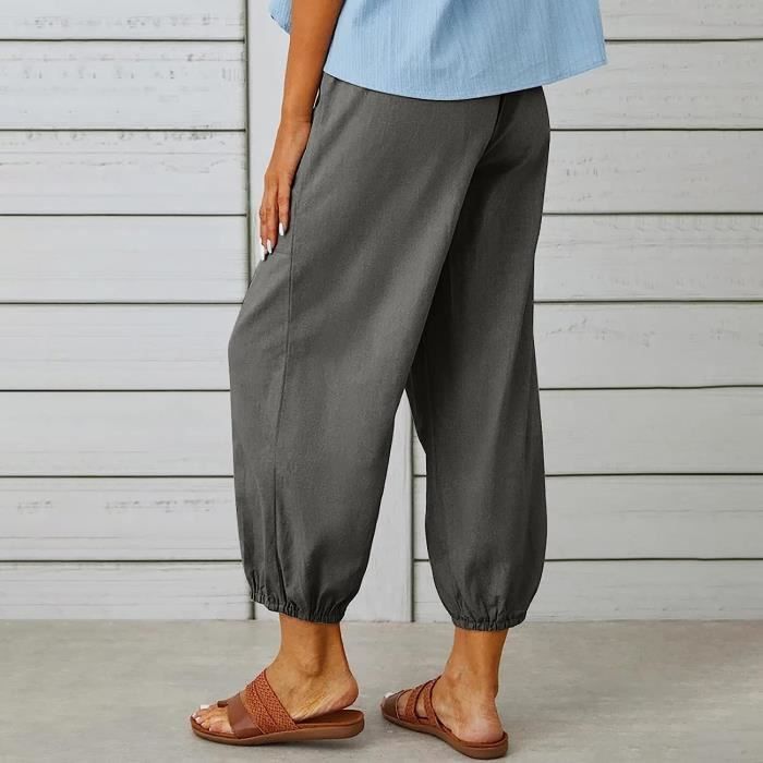 Pantalon Fluide Femme été - Tissu Léger Coton/lin, Taille élastique, Coupe 3/4 - Pour Plage, Yoga, Décontracté - 6