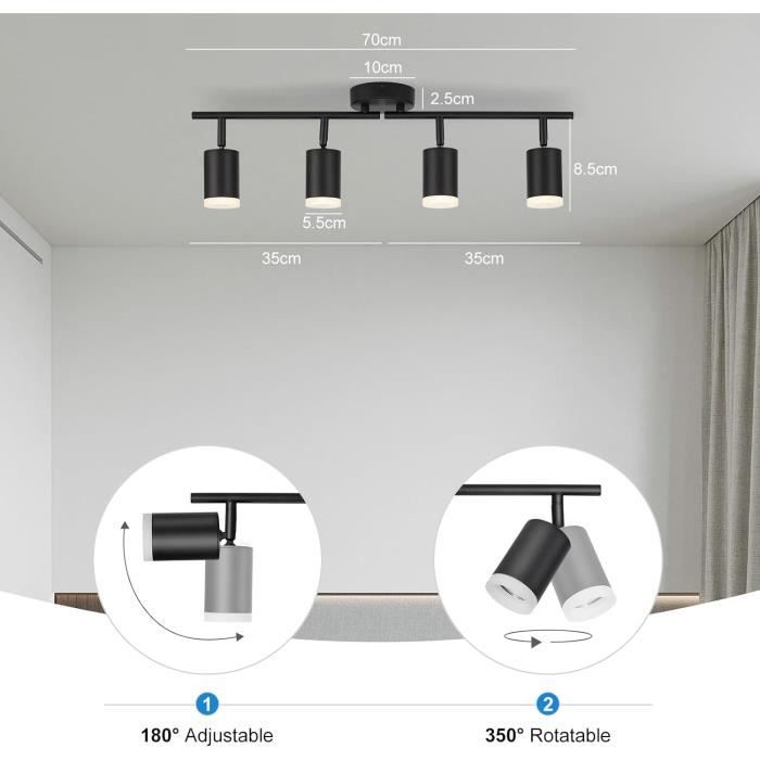 Plafonnier LED 4 Spots Orientables 340° - Ampoules GU10 Dimmables Incluses (3000K Blanc Chaud) - Pour Cuisine, Salon, Chambre - Installation Facile, Design Moderne Noir - 8