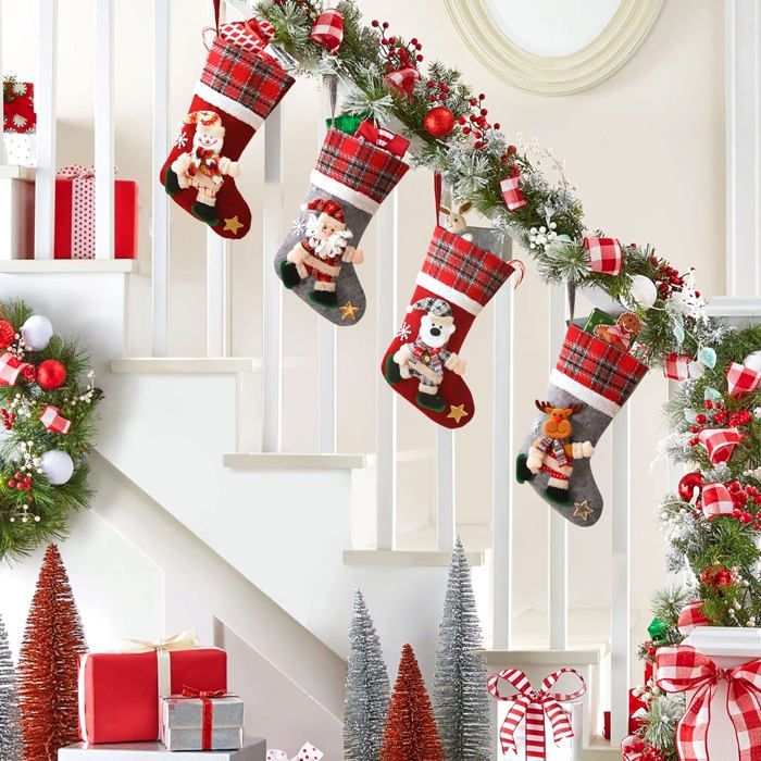 Lot De 4 Grandes Chaussettes De Noël à Suspendre - Bas Père Noël 46x27x20cm Pour Cheminée Et Sapin