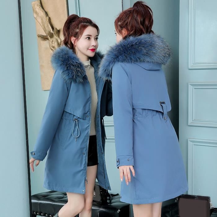 Vetements d exterieur a la mode pour femmes Vestes longues en coton rembourre Manteaux a capuche en daim avec poche Bleu ciel Bleu ciel Cdiscount Pret a Porter