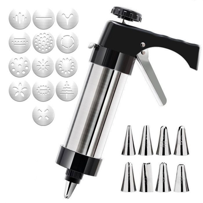 Presse à Pâtisserie En Inox Avec 16 Moules Et 8 Douilles | Kit Complet Poche à Douille + Brosse | Pour Biscuits, Gâteaux, Churros | Idéal Débutants Et Pros