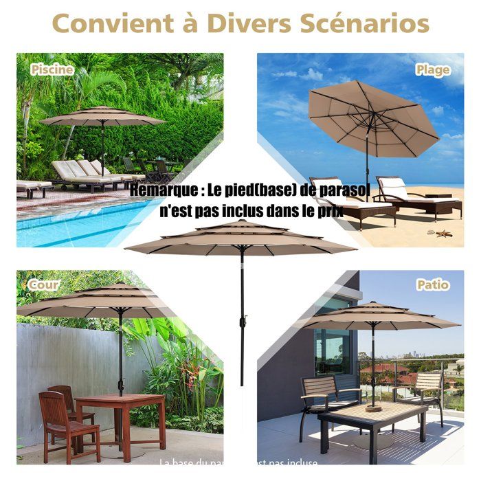 Parasol De Terrasse 3x3m à 3 Niveaux COSTWAY - Double Ventilation, Inclinaison Réglable, Manivelle, Couleur Beige Ou Café - 11