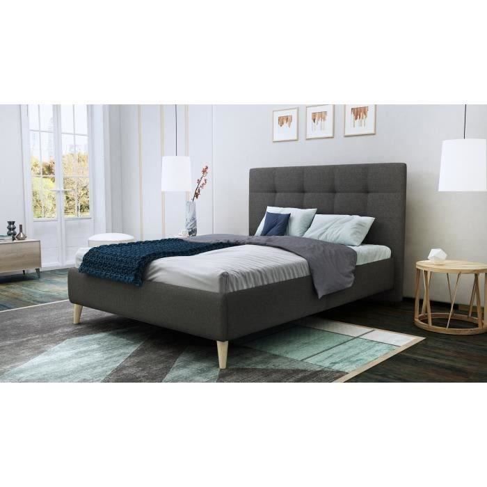 HYLKIO Lit adulte scandinave en tissu gris anthracite - l 140 x L 190 cm