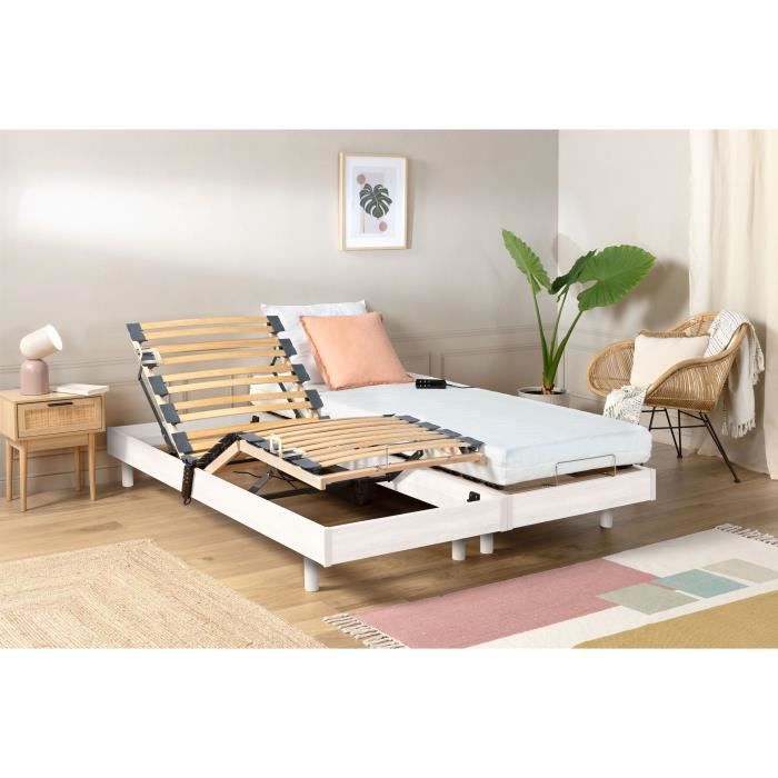 Ensemble relaxation TALCA matelas + sommiers électriques décor blanc satiné 2x80x200 - Mousse - 14 cm - Ferme