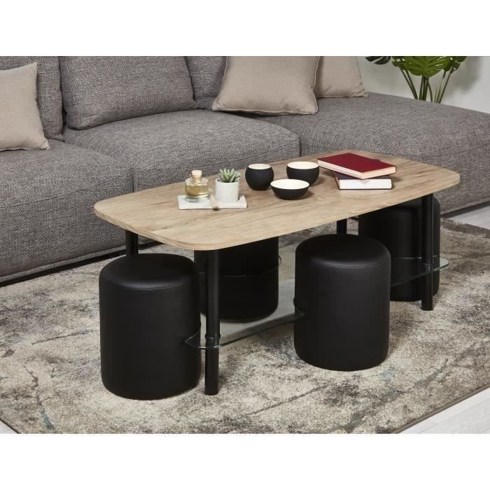 Ensemble Table basse plateau bois et verre + 4 poufs simili noir - L 120 x P 60 x H 45 cm