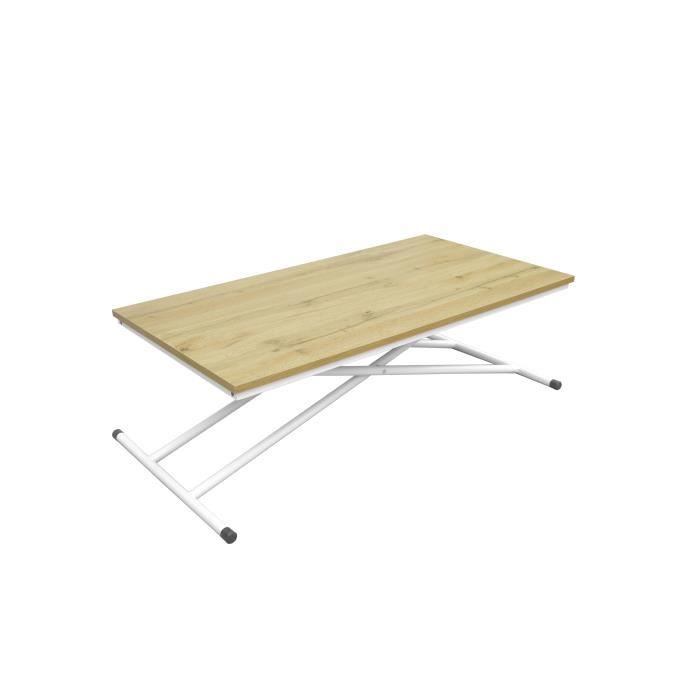 SAMANTHA Table Up and Down - Pieds métal blanc et décor chêne naturel - L 110 x P 60 x H 39-75 cm