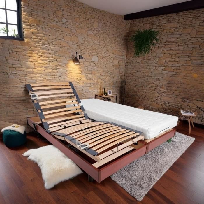 Ensemble relaxation TALCA matelas + sommiers électriques décor cerisier 2x80x200 - Mousse - 14 cm - Ferme