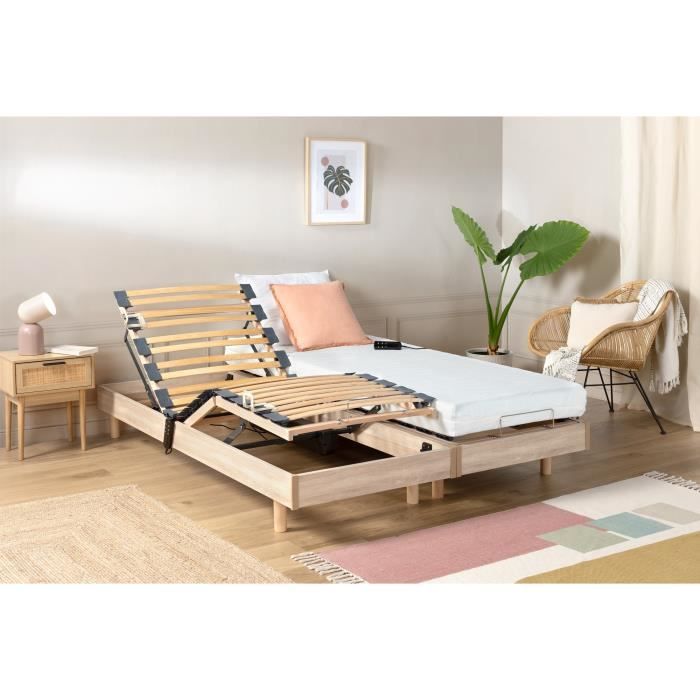 Ensemble relaxation TALCA matelas + sommiers électriques décor chêne 2x80x200 - Mousse - 14 cm - Ferme